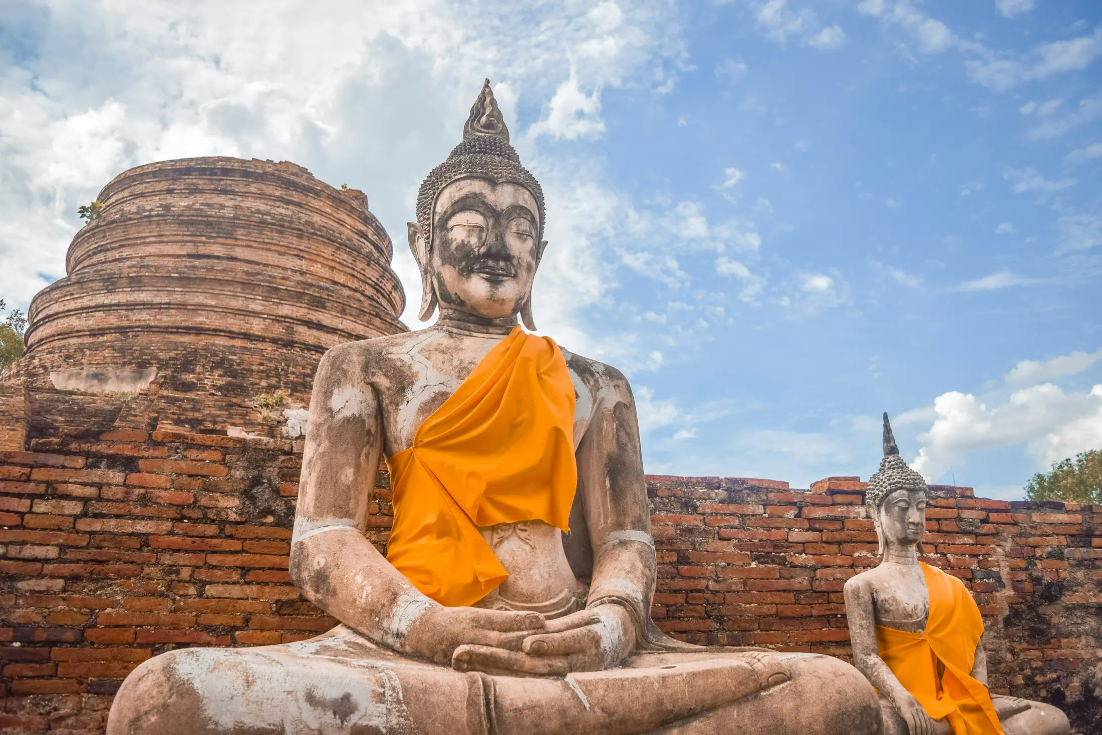 Aerial view of Ayutthaya Historical Park ruins and lawns