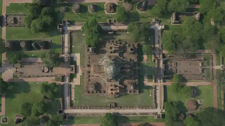 Aerial view of Ayutthaya temple ruins, lawns, paths, and brick foundations