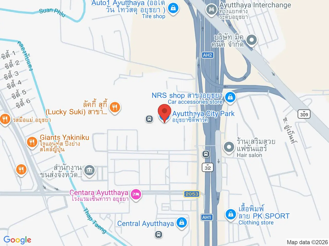 Static map showing Ayutthaya City Park in Ayutthaya
