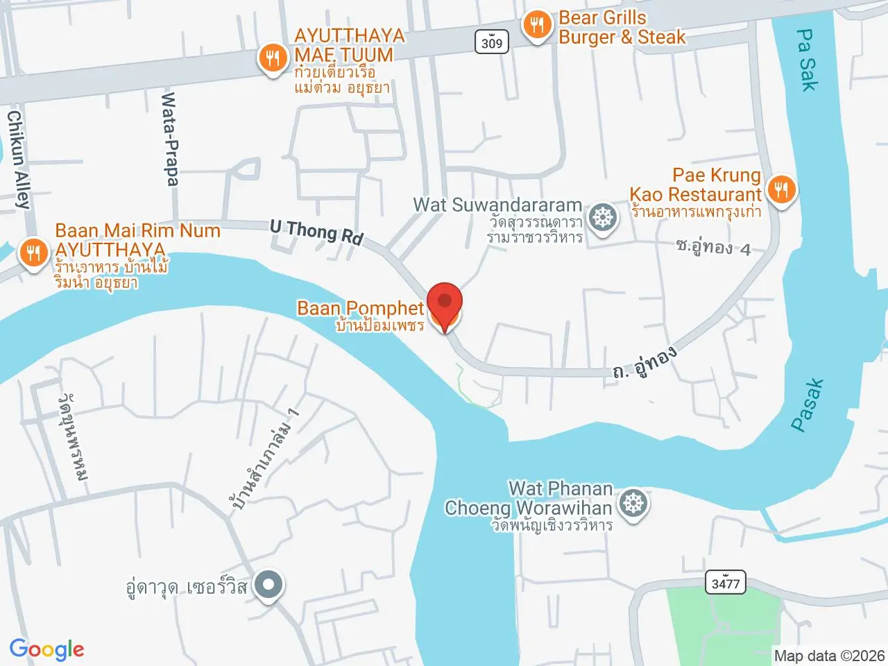 Static map showing Baan Pomphet in Ayutthaya