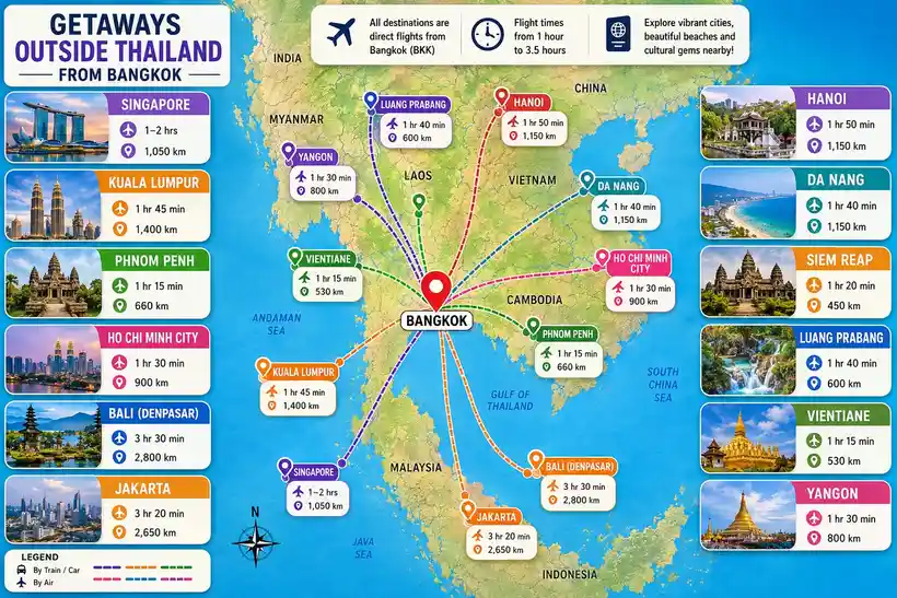 Planning map showing international getaways from Bangkok, including Singapore, Kuala Lumpur, Phnom Penh, Ho Chi Minh City, Hanoi, Da Nang, Siem Reap, Luang Prabang, Vientiane, Yangon, Bali, and Jakarta