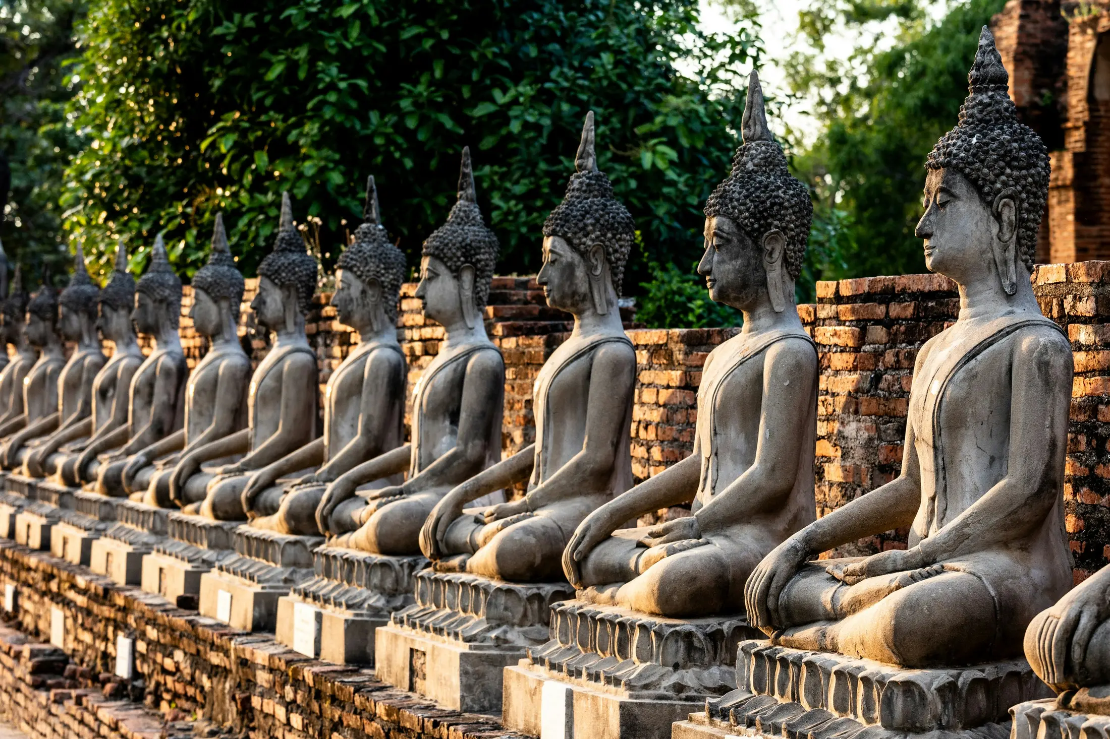 Rows of Buddha statues beside brick temple ruins in Ayutthaya