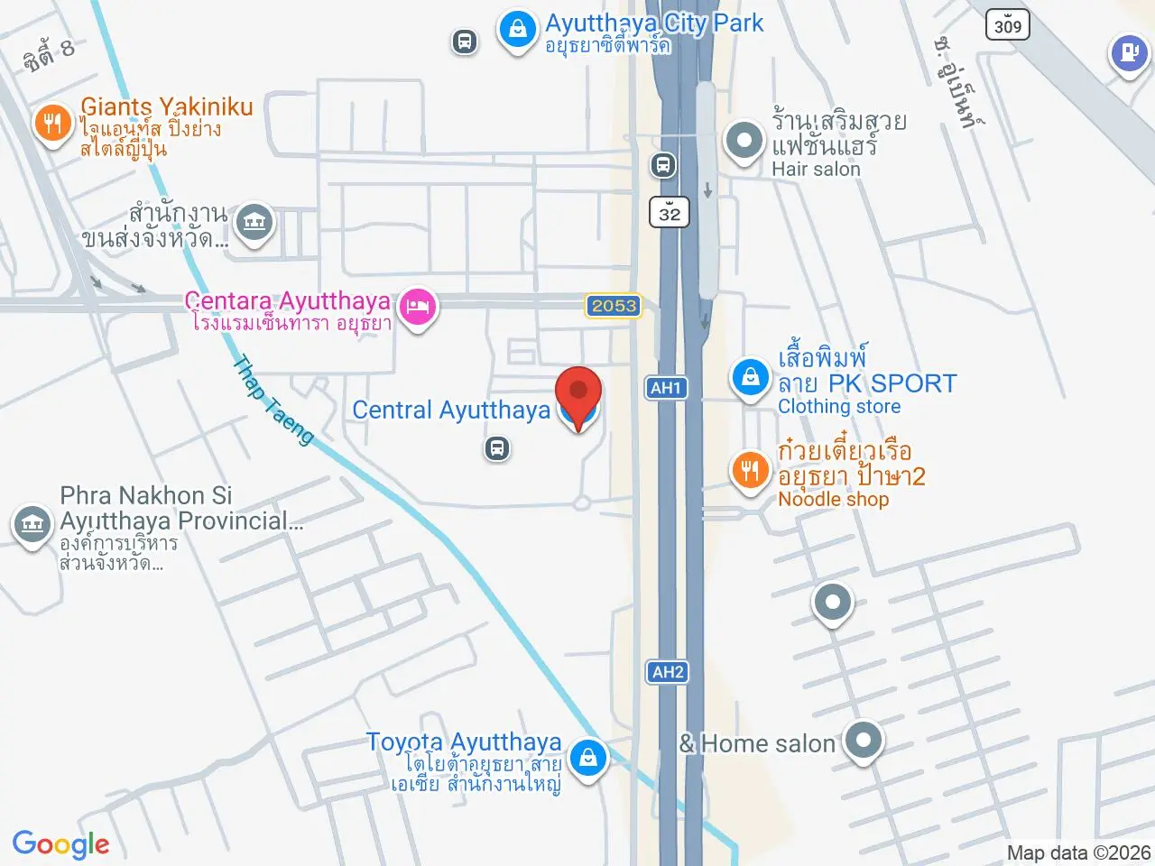 Static map showing Central Ayutthaya in Ayutthaya