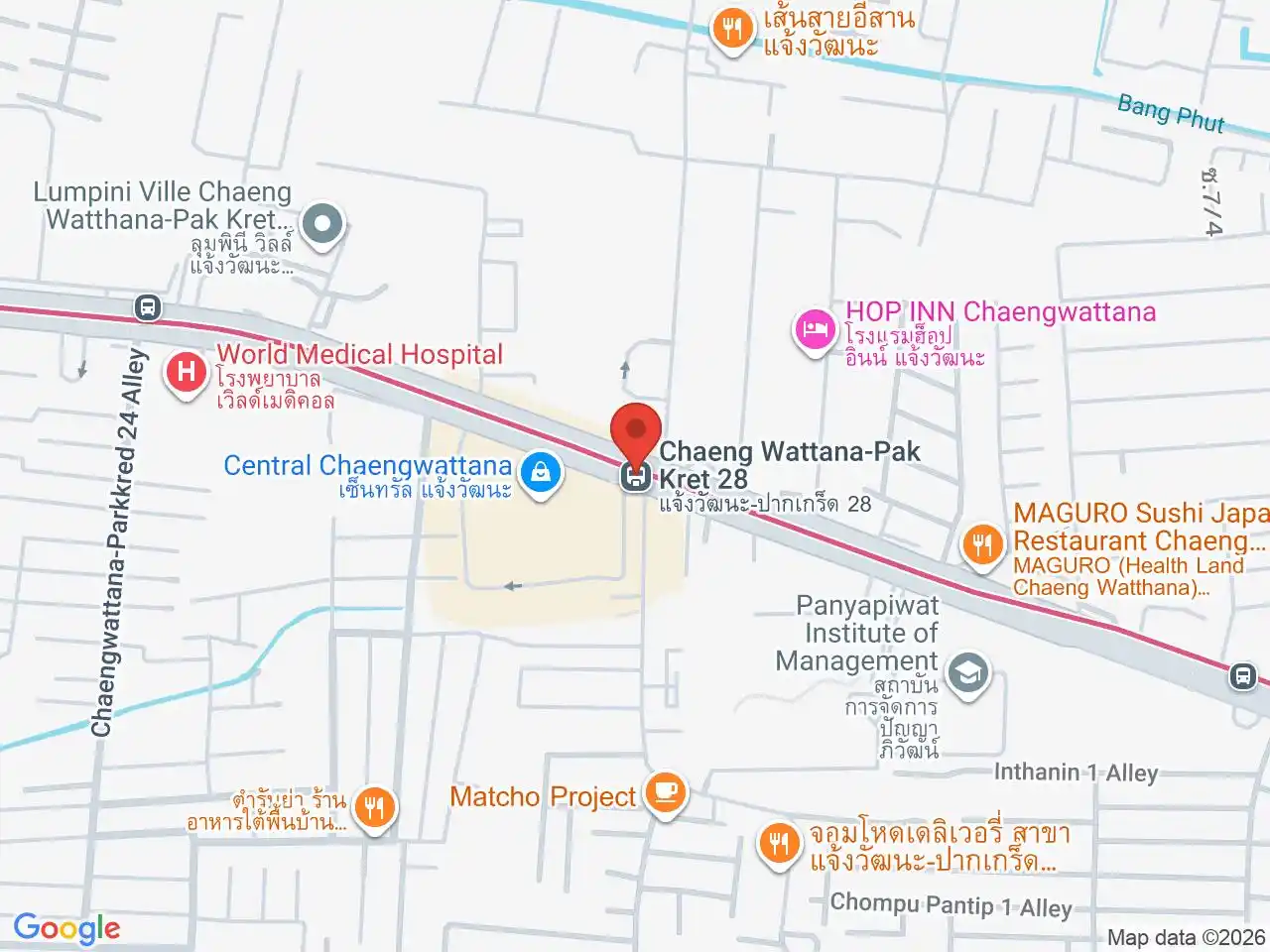 Map showing the location of Chaeng Watthana-Pak Kret 28 station
