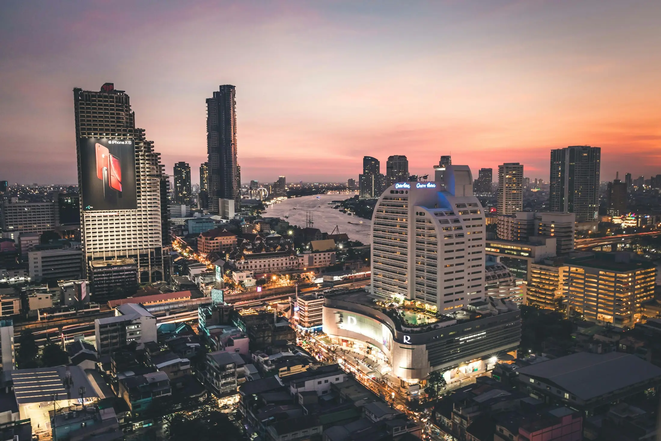 Chao Phraya riverside skyline at sunset