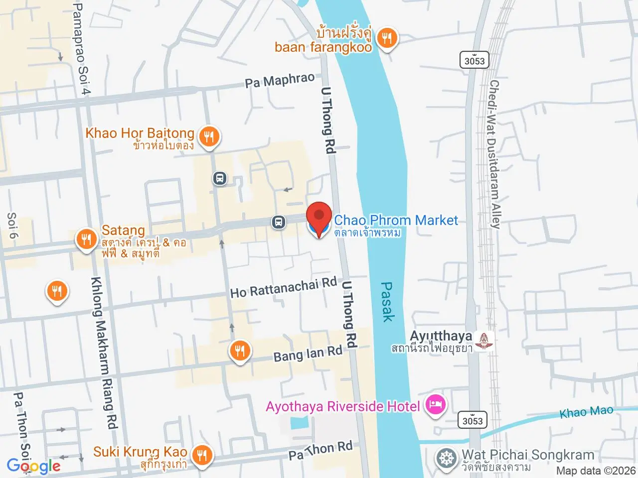 Static map showing Chao Phrom Market in Ayutthaya