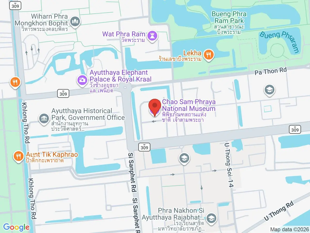Static map showing Chao Sam Phraya National Museum in Ayutthaya