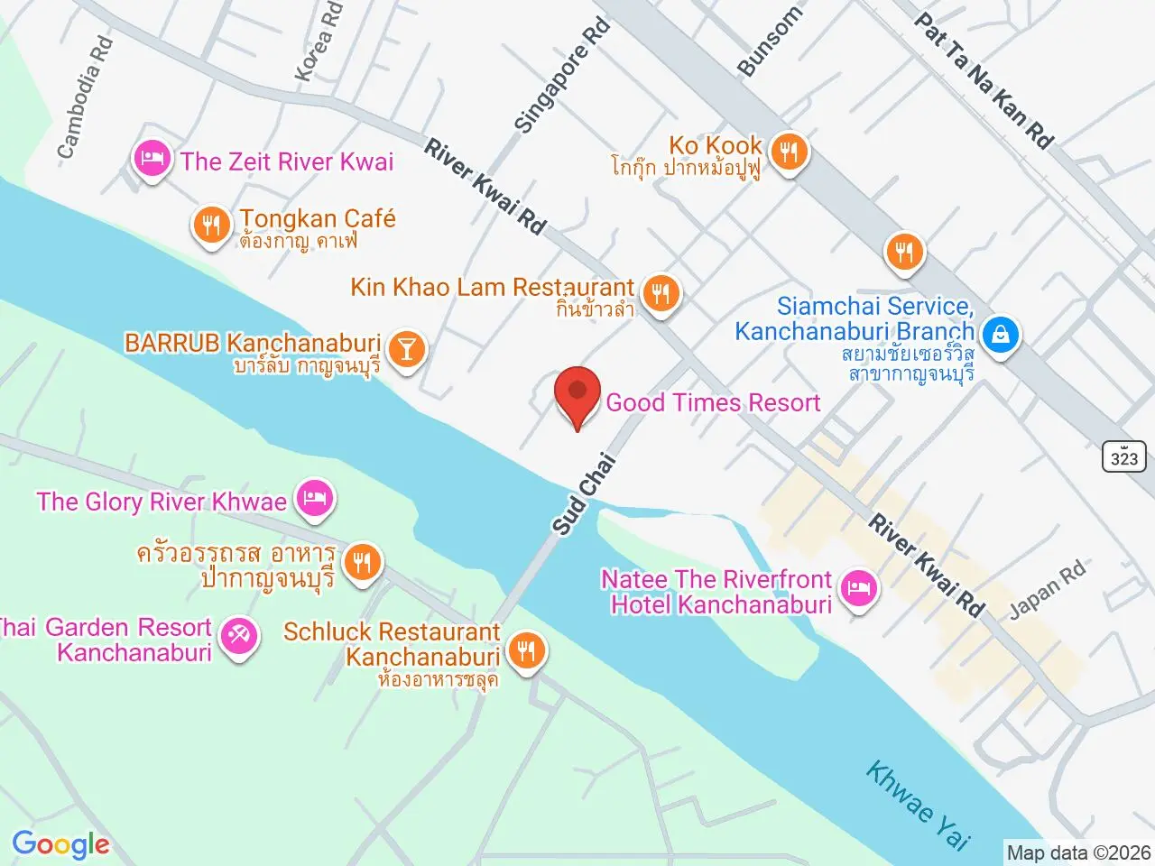 Static map showing Good Times Restaurant in Kanchanaburi