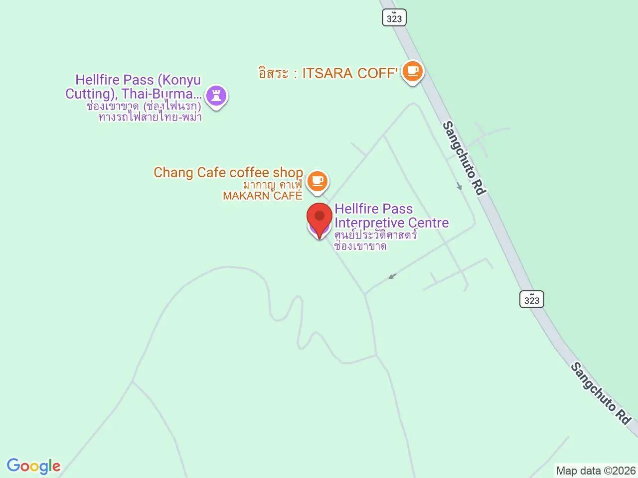 Static map showing Hellfire Pass Interpretive Centre in Kanchanaburi