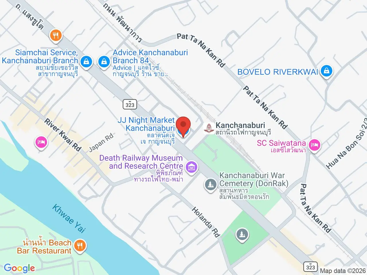 Static map showing JJ Night Market Kanchanaburi in Kanchanaburi