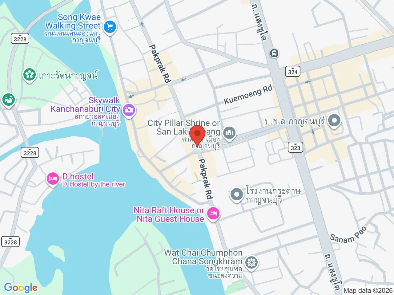 Static map showing Kanchanaburi Walking Street in Kanchanaburi