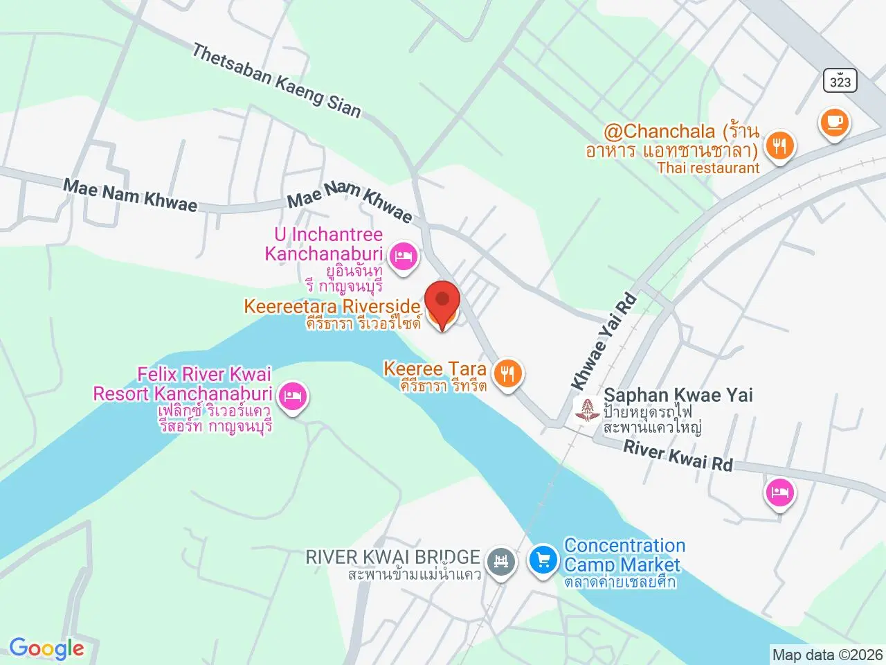 Static map showing Keereetara Riverside in Kanchanaburi