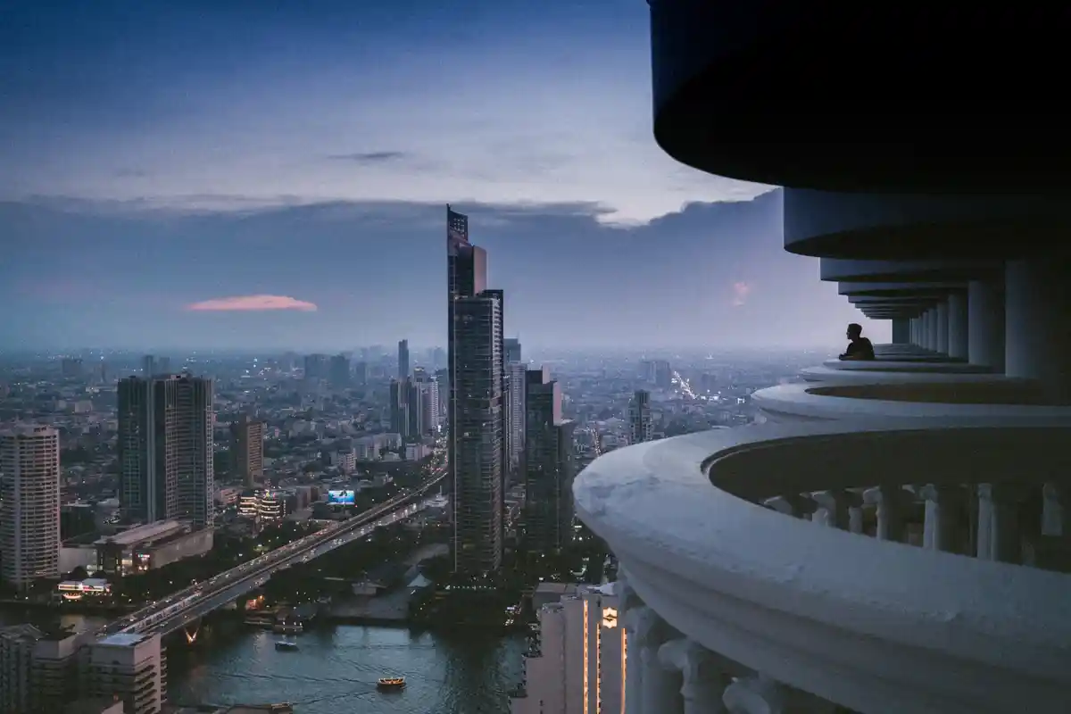 Bangkok skyline, Chao Phraya River, and elevated rail