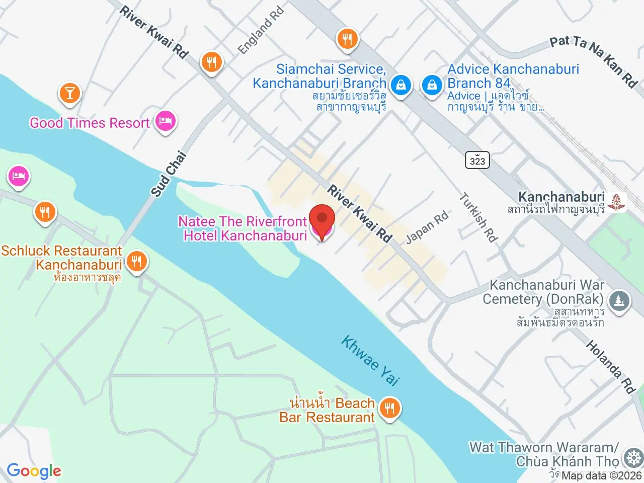Static map showing Natee The Riverfront Hotel in Kanchanaburi