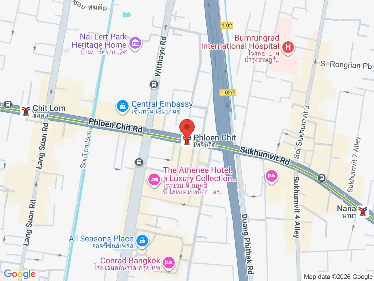 Map showing the location of Phloen Chit station