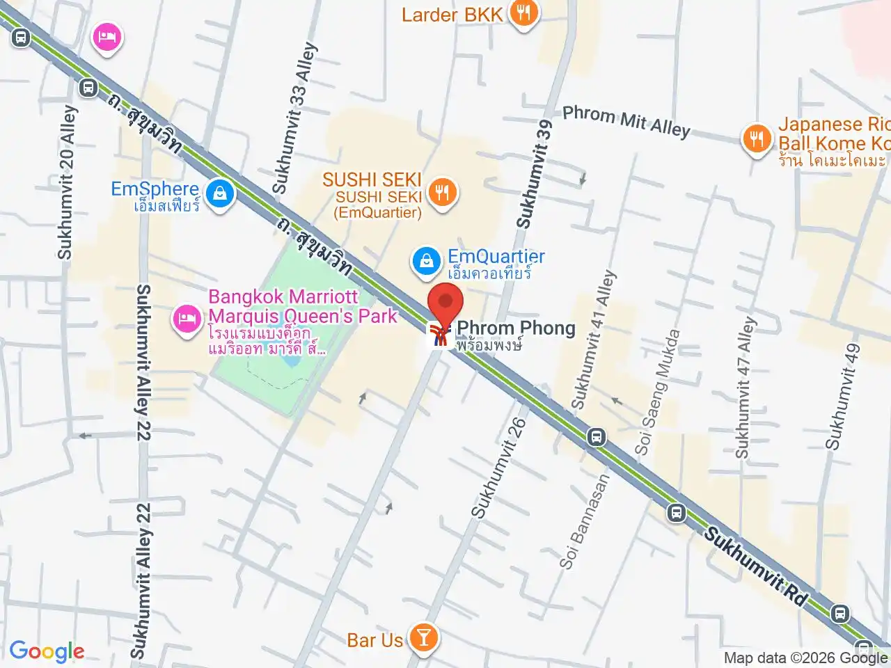 Map showing the location of Phrom Phong station