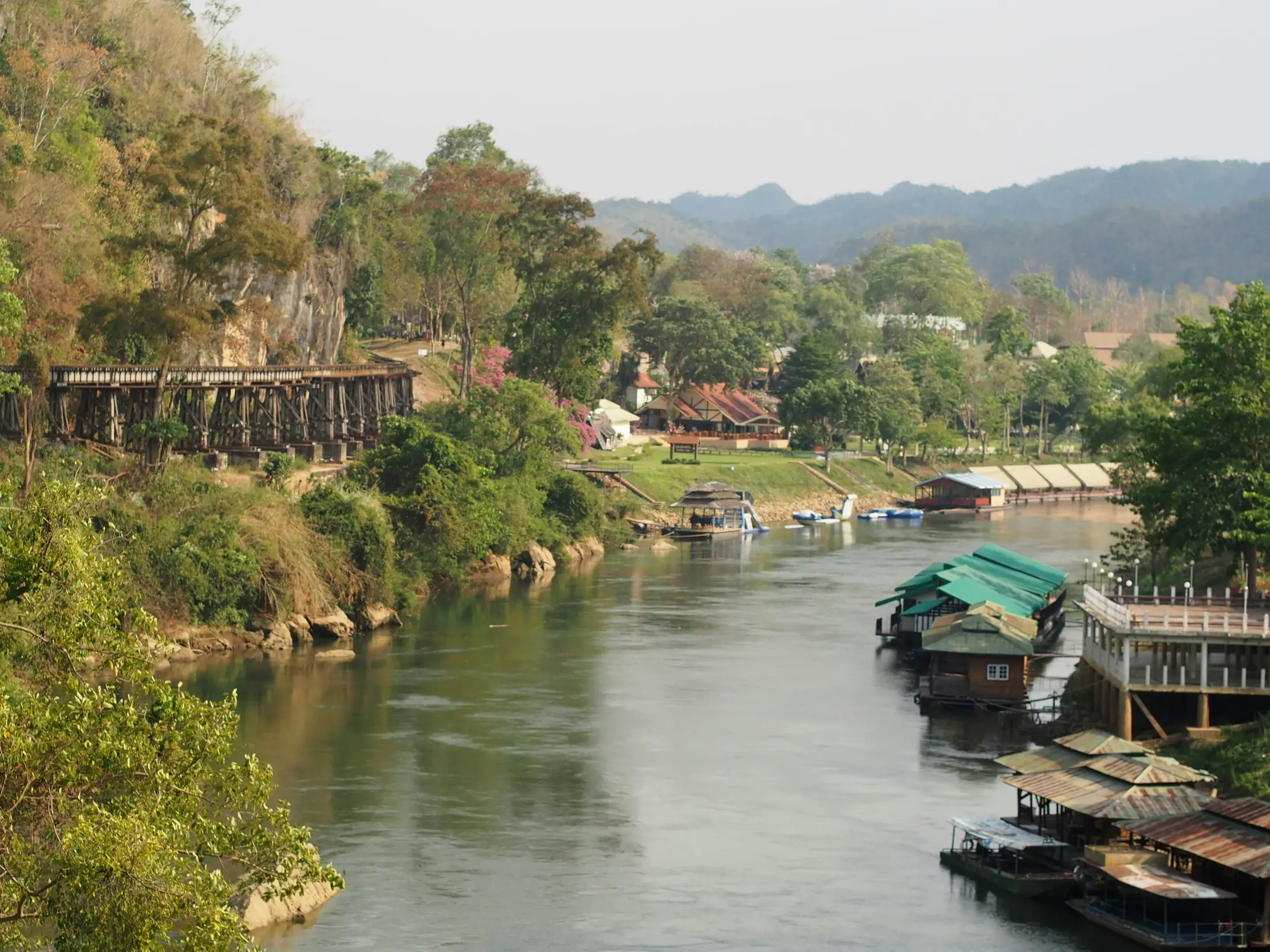 River Kwai bridge and floating rafts in Kanchanaburi