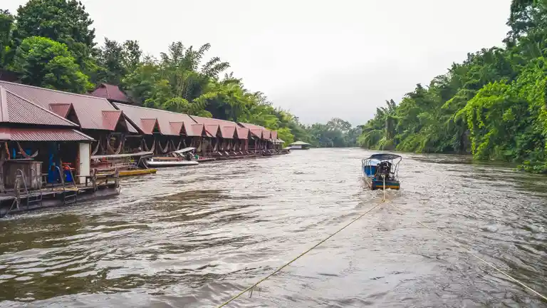 Floating raft houses on the River Kwai in Kanchanaburi
