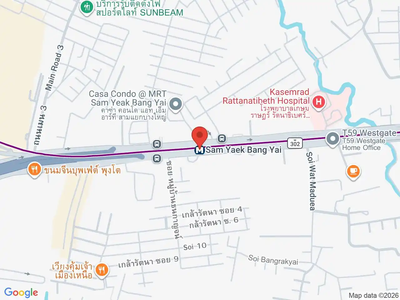 Map showing the location of Sam Yaek Bang Yai station
