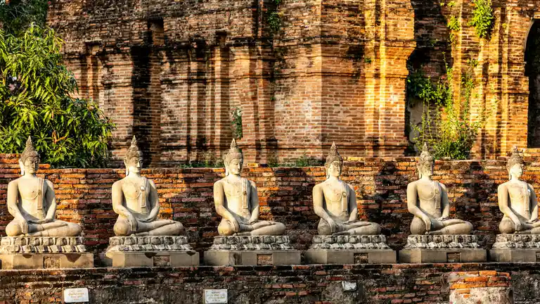 Seated Buddha statues in warm light beside Ayutthaya brick ruins