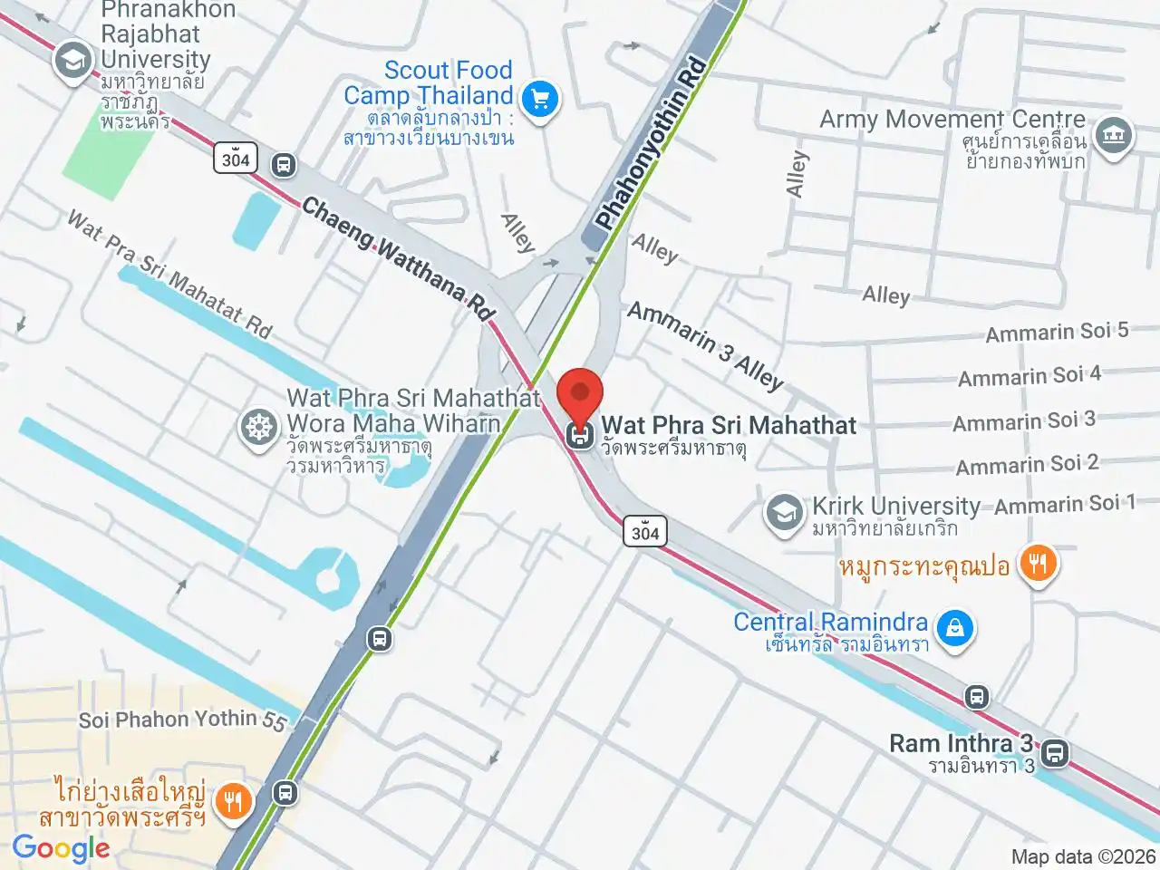 Map showing the location of Wat Phra Sri Mahathat station