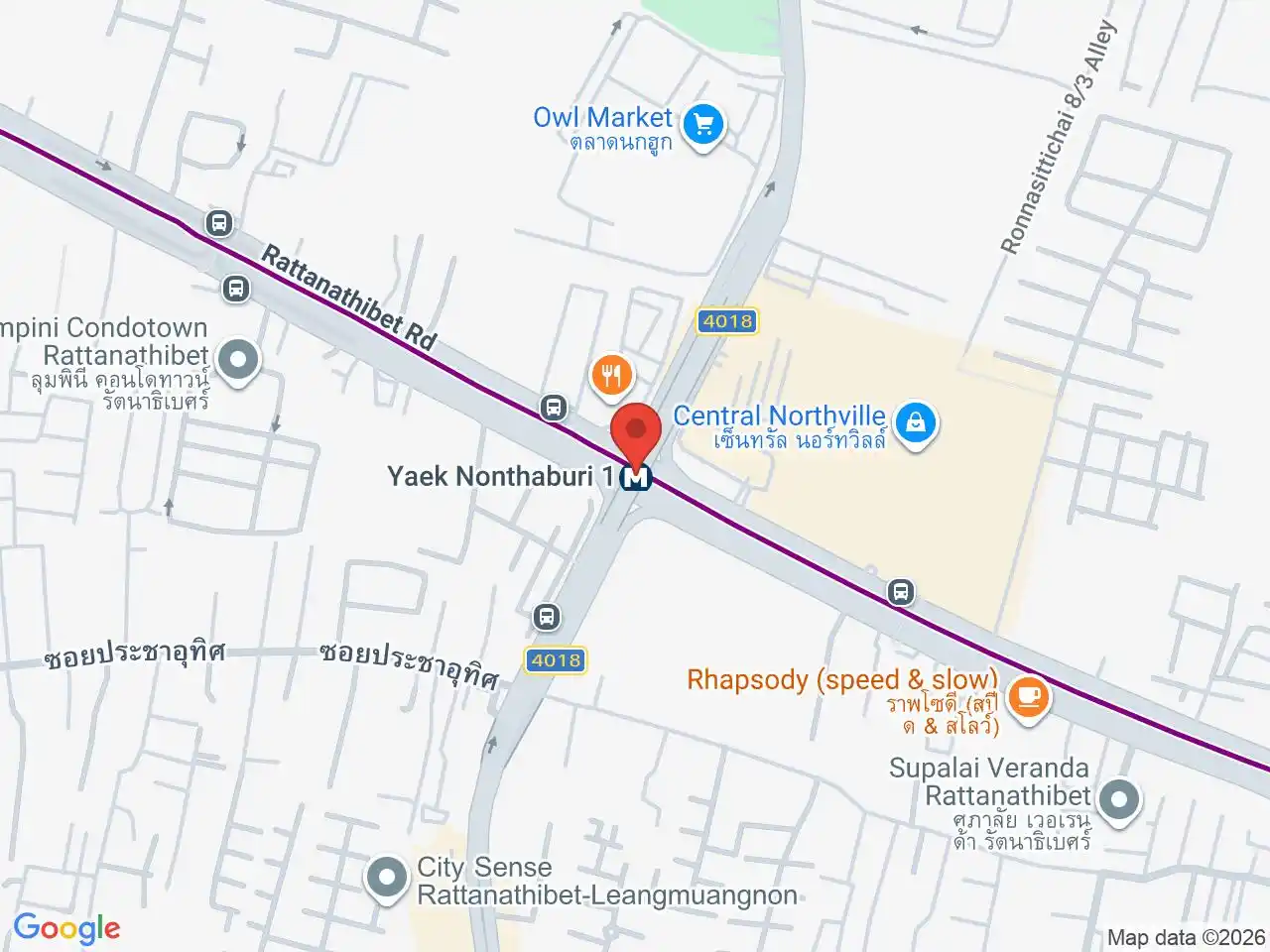 Map showing the location of Yaek Nonthaburi 1 station