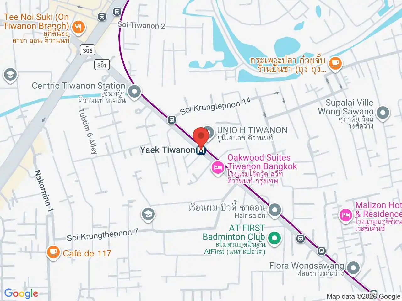 Map showing the location of Yaek Tiwanon station